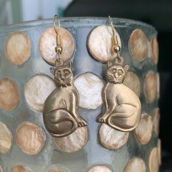 Gold Tone Vintage Cat Earrings Active - Picture 1 of 5